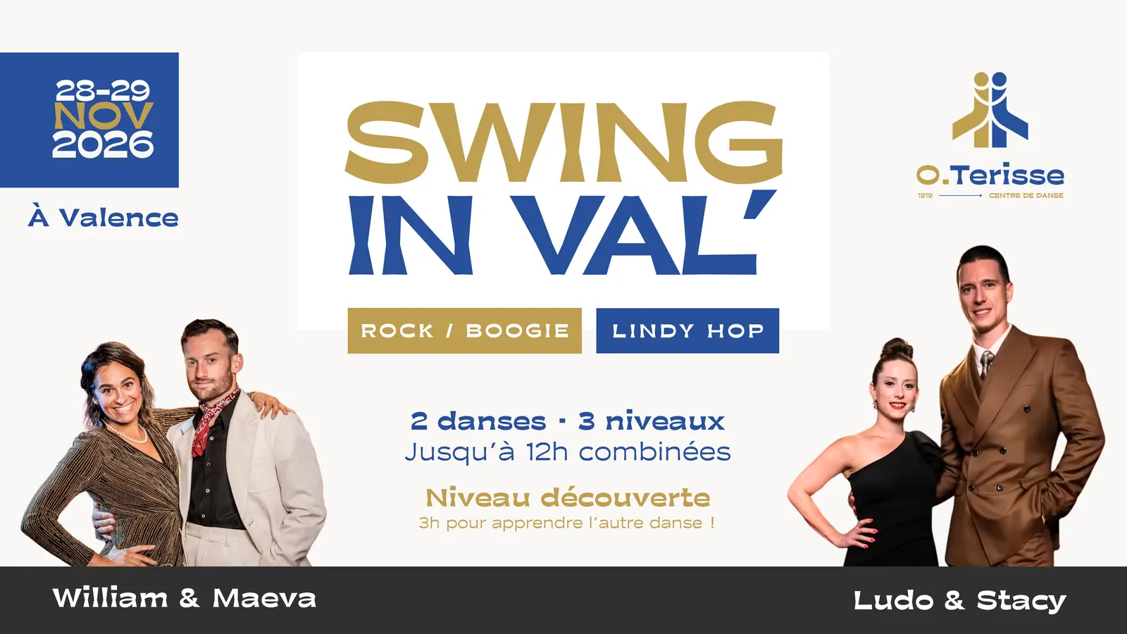 Swing In Val' 2026 – 28 et 29 novembre à Valence – stages Rock/Boogie et Lindy Hop avec William & Maeva et Ludo & Stacy